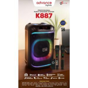 Advance K887 Speaker Prefesional Party Bluetooth Full Bass Speaker Karaoke Subwoofer  Portable 8” Inch Free 2 Microphone Wireless