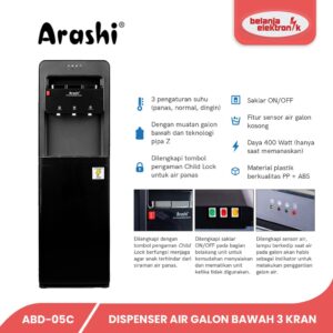 Arashi Dispenser Air Galon Bawah 3 Kran Panas Normal Dingin Abd-05C