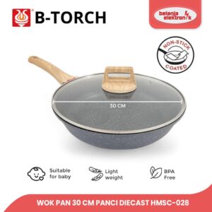 B-Torch Wok Pan 30 Cm Panci Diecast Handle Kayu Tutup Kaca Hmsc-028