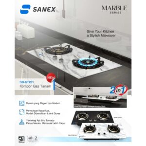 Sanex Kompor Gas 2 Tungku Tanam Kaca Sn-Kt201 K2 Putih Marble Series Tempered Glass Marmer Api Tornado