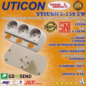 Stop Kontak Arde 3 Lubang Dengan Steker Dan Saklar Tersendiri Uticon S-138 Sw
