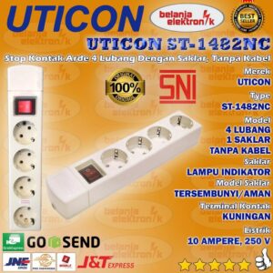 Stop Kontak 4 Lubang Arde Dengan Saklar Indikator Tanpa Kabel Uticon St-1482 Nc